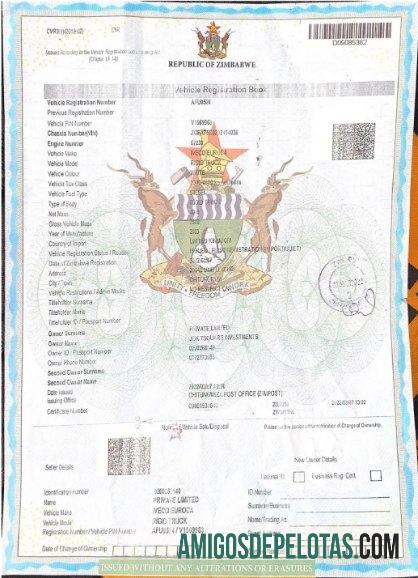 Modelo de certificado de registro de veículo do Zimbábue